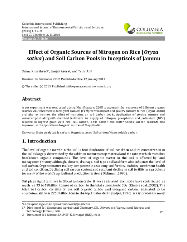 (PDF) Effect of organic sources of nitrogen on rice (Oryza sativa) and ...