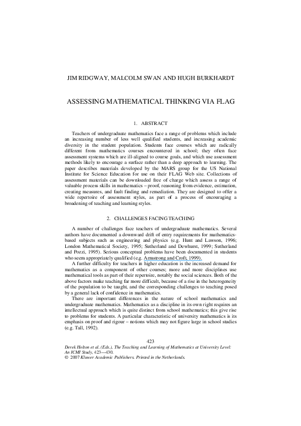 (PDF) Assessing Mathematical Thinking Via FLAG