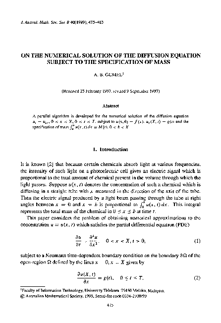 (PDF) On the numerical solution of the diffusion equation subject to ...