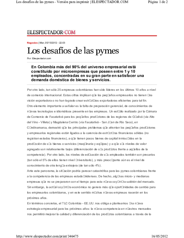 (PDF) Los desafios de las pymes Colombia - Articulo El Espectador