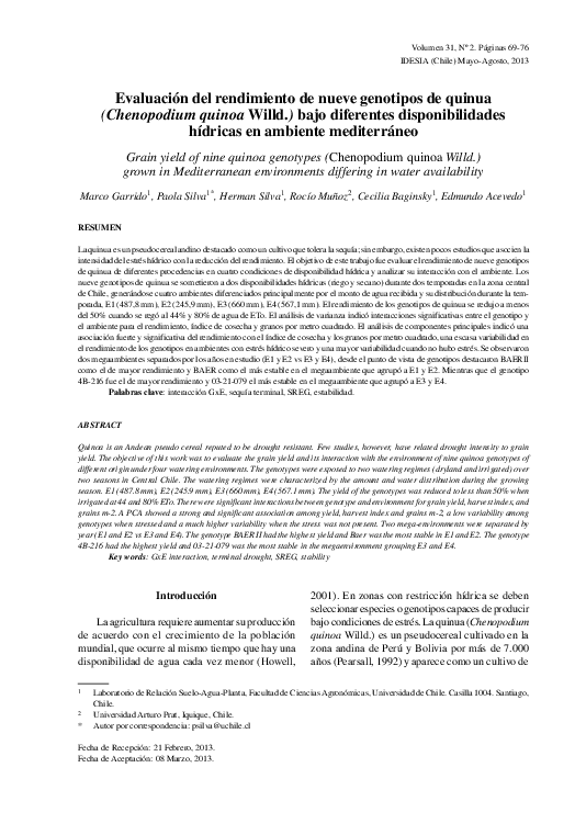 (PDF) Evaluación del rendimiento de nueve genotipos de quinua