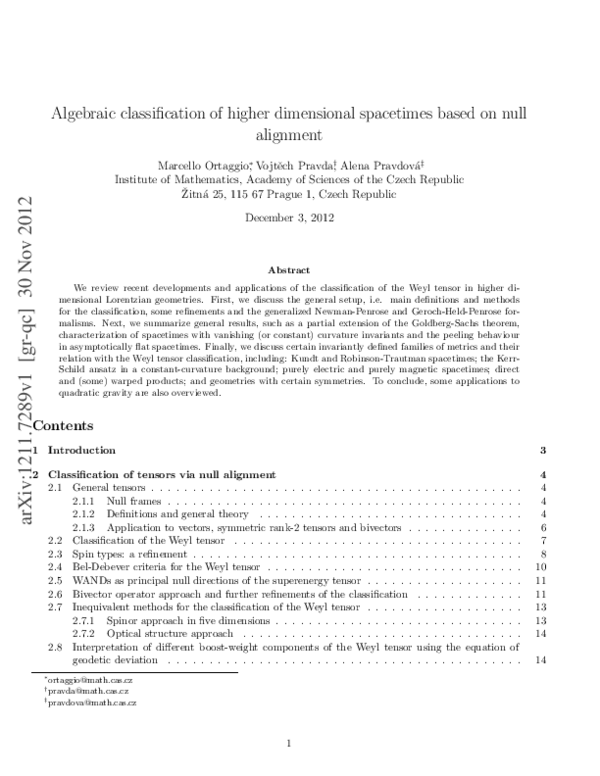  PDF Algebraic Classification Of Higher Dimensional Spacetimes Based