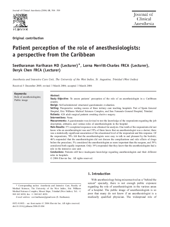 (PDF) Patient perception of the role of anesthesiologists: a ...