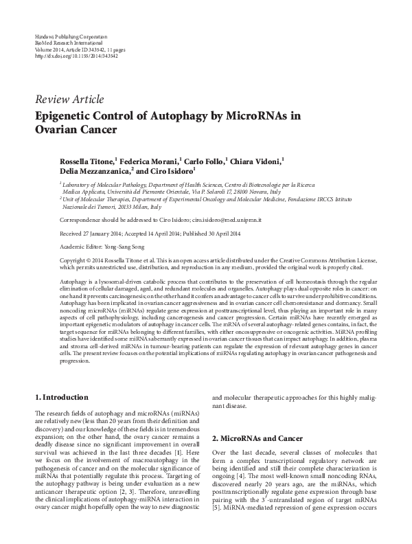 (PDF) Epigenetic Control of Autophagy by MicroRNAs in Ovarian Cancer