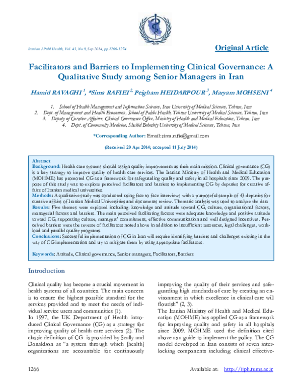 (PDF) Facilitators and Barriers to Implementing Clinical Governance: A ...