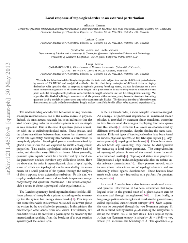 (PDF) Local Response of Topological Order to an External Perturbation