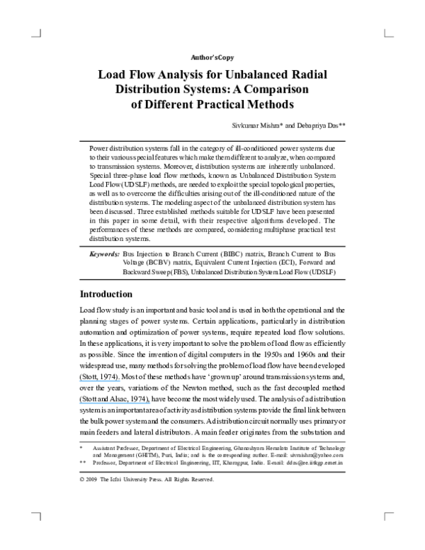 (PDF) Author's Copy Load Flow Analysis for Unbalanced Radial ...