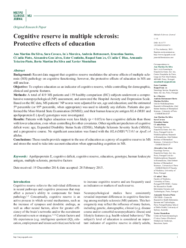 (PDF) Cognitive reserve in multiple sclerosis: Protective effects of ...
