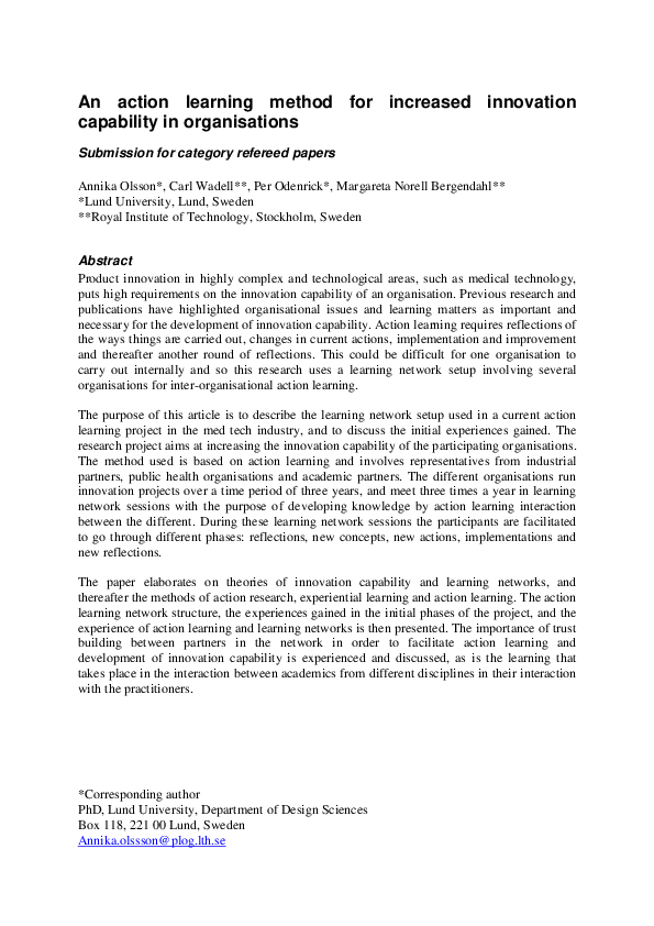 (PDF) An action learning network method for increased innovation ...