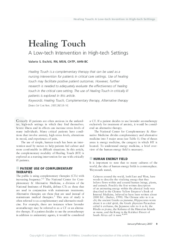 (PDF) Healing Touch: a low-tech intervention in high-tech settings