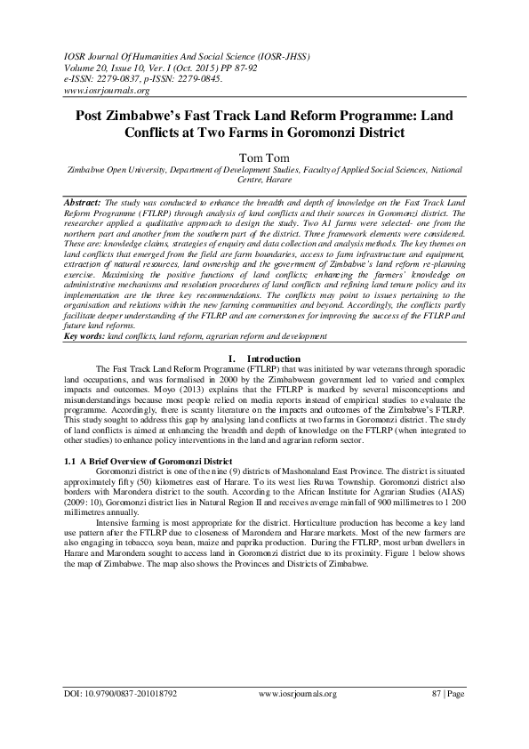(PDF) Post Zimbabwe’s Fast Track Land Reform Programme Land Conflicts
