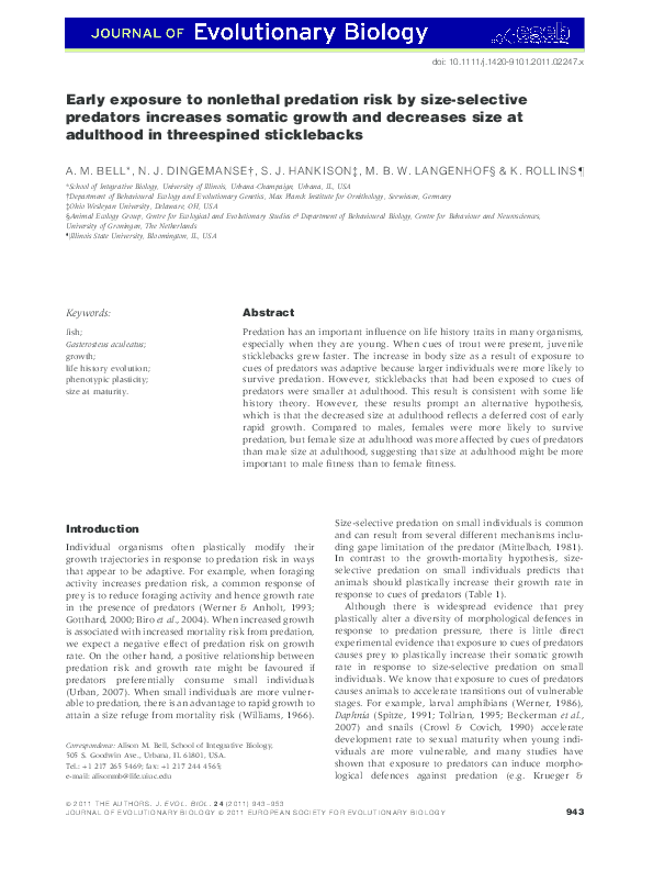 (PDF) Early exposure to nonlethal predation risk by size-selective ...