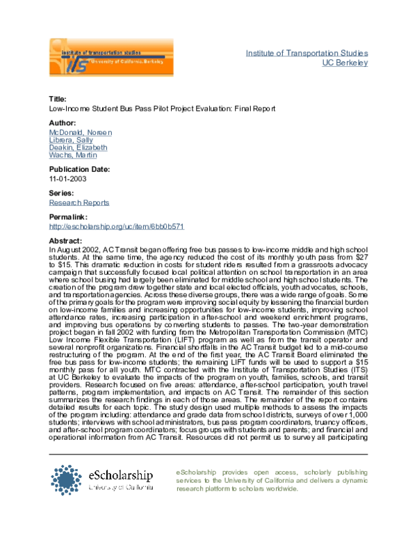 (PDF) Low-Income Student Bus Pass Pilot Project Evaluation: Final Report