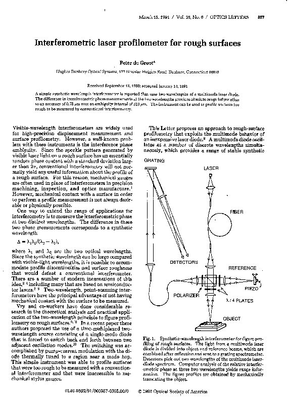 (PDF) Interferometric laser profilometer for rough surfaces Peter J