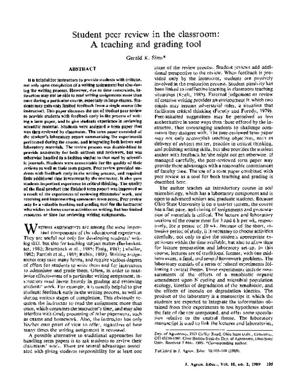 Pdf Student Peer Review In The Classroom A Teaching And Grading Tool Pdf Student Peer Review In The Classroom A Teaching And Grading Tool