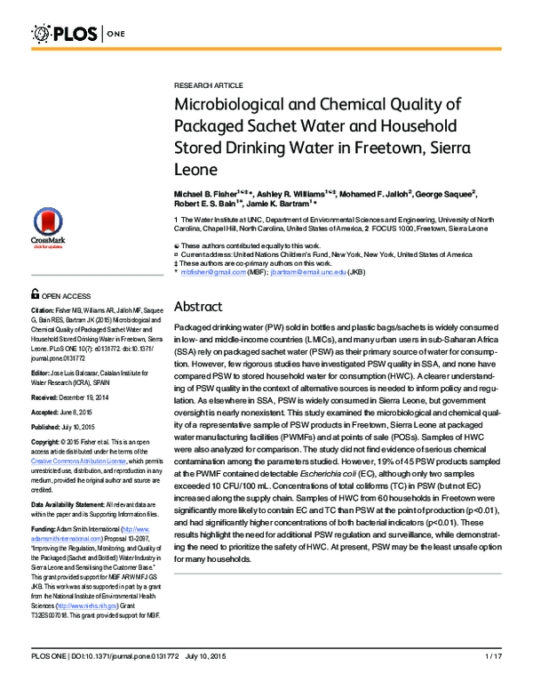 (PDF) Microbiological and Chemical Quality of Packaged Sachet Water and