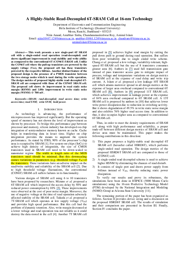 (PDF) Design of a Stable Read-Decoupled 6T SRAM Cell at 16-Nm ...