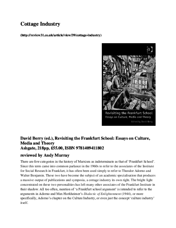Revisiting the Frankfurt School: Essays on Culture, Media and Theory