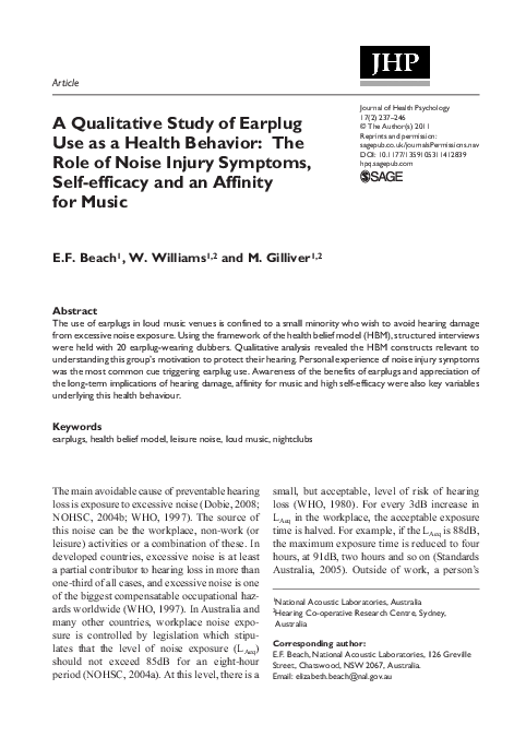 (PDF) A Qualitative Study of Earplug Use as a Health Behavior: The Role ...