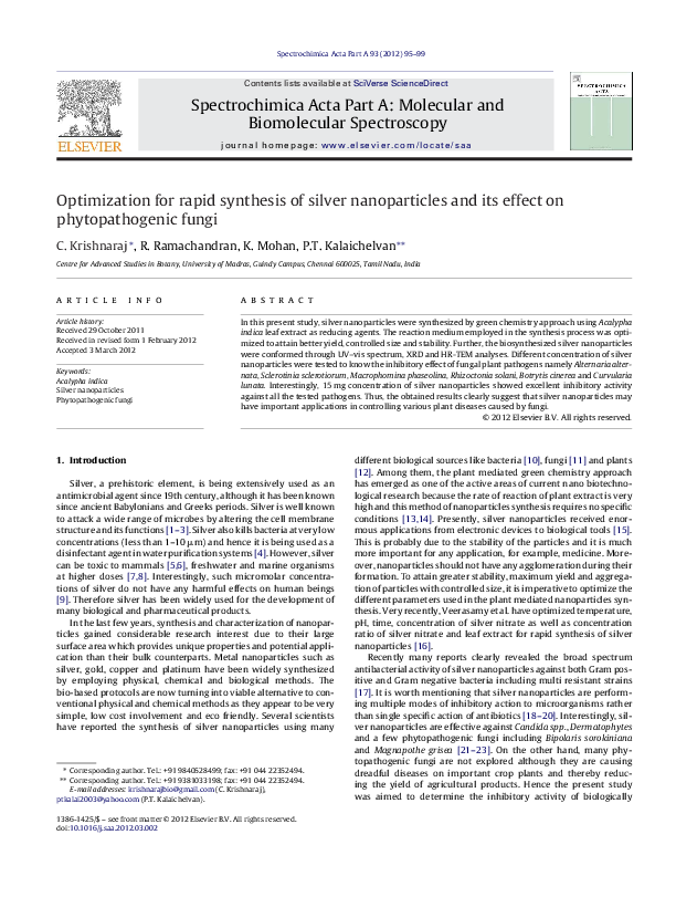 (PDF) Optimization for rapid synthesis of silver nanoparticles and its ...