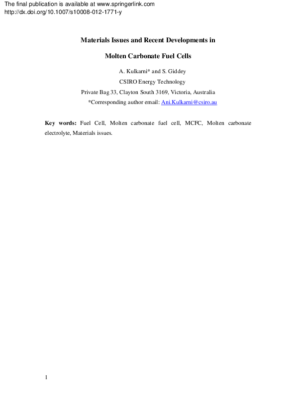 (PDF) Materials issues and recent developments in molten carbonate fuel ...