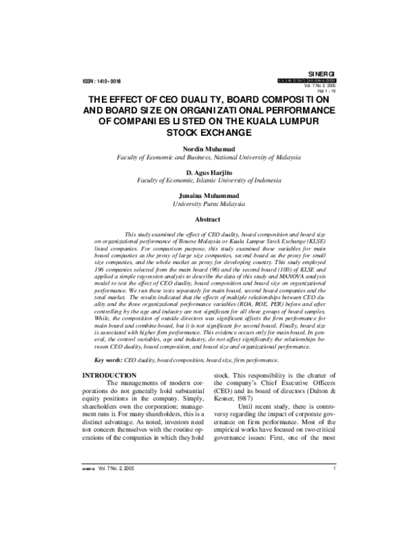 (PDF) The Effect of CEO Duality, Board Composition and Board Size on ...