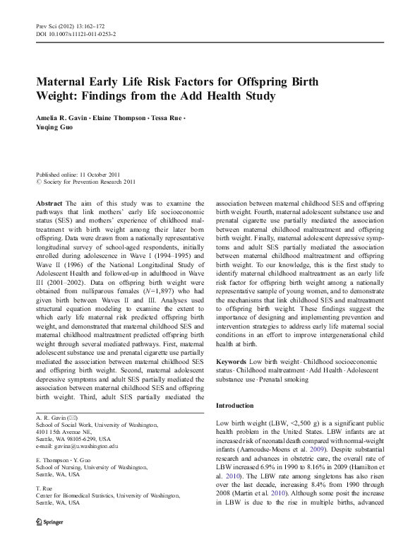 (PDF) Maternal Early Life Risk Factors for Offspring Birth Weight ...