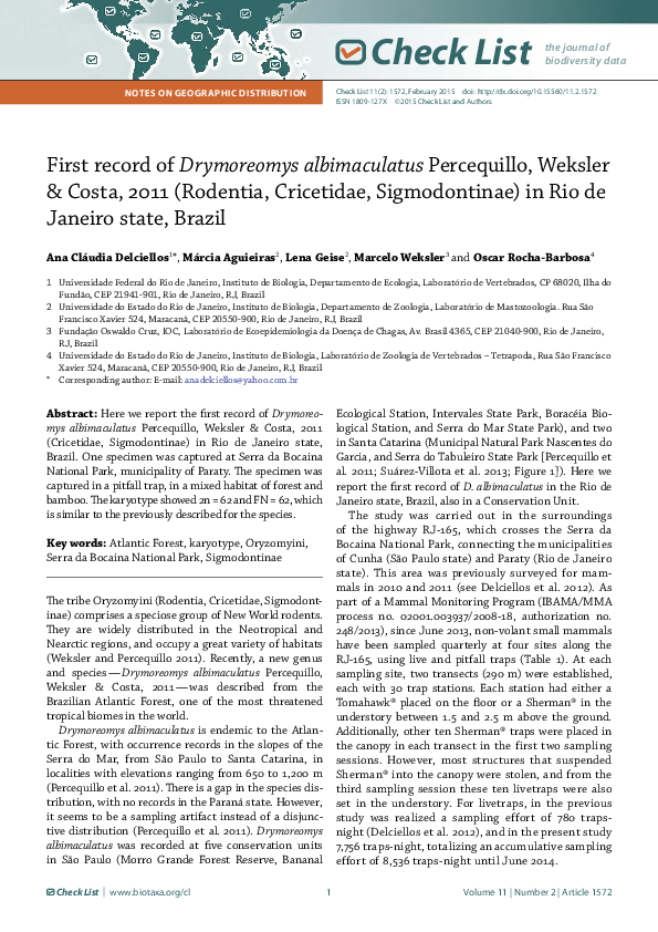 (PDF) First record of Drymoreomys albimaculatus Percequillo, Weksler ...