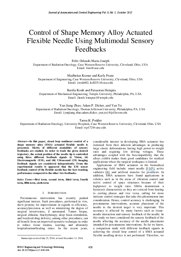 (PDF) Control of Shape Memory Alloy Actuated Flexible Needle Using ...