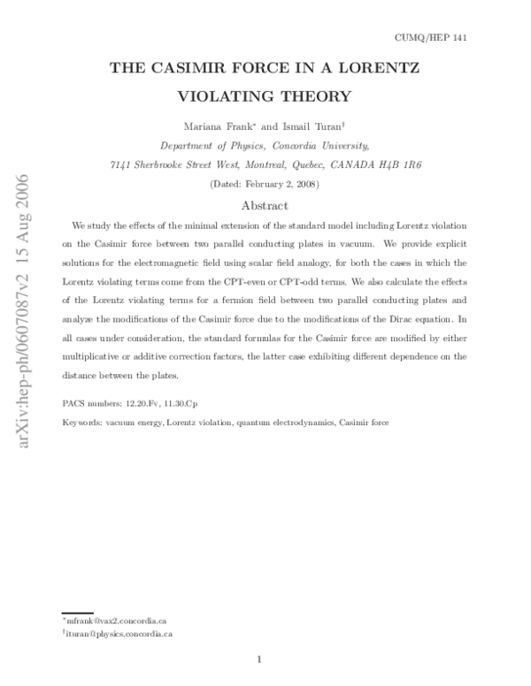 (PDF) Casimir force in a Lorentz violating theory