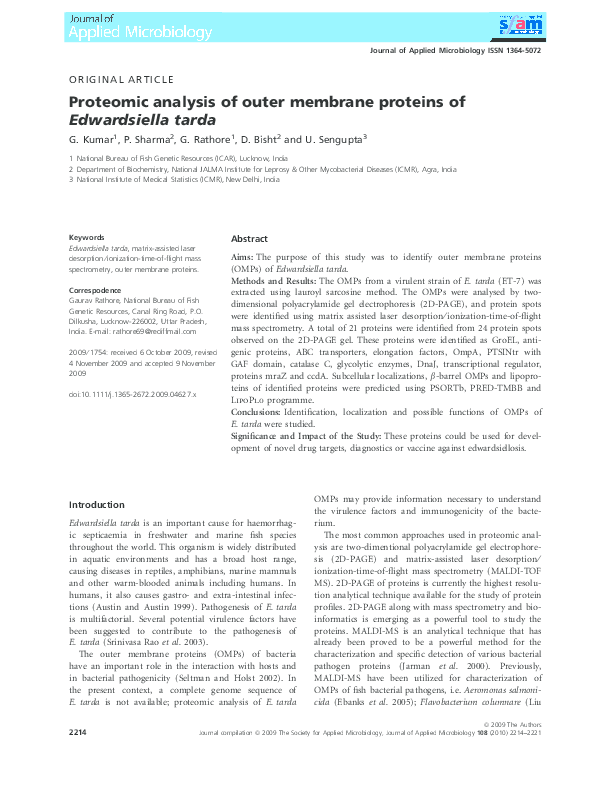 (PDF) Proteomic analysis of outer membrane proteins of Edwardsiella tarda