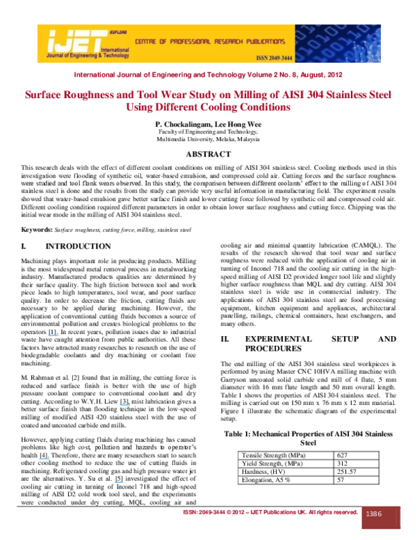 (PDF) Surface Roughness and Tool Wear Study on Milling of AISI 304 ...