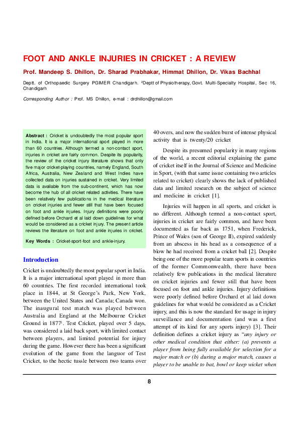 (PDF) FOOT AND ANKLE INJURIES IN CRICKET : A REVIEW