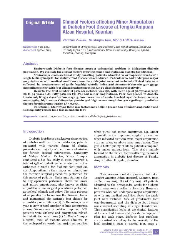 (PDF) Clinical Factors affecting Minor Amputation in Diabetic Foot ...