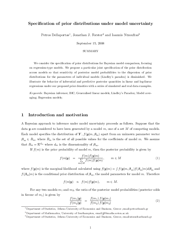 (PDF) Speciflcation of prior distributions under model uncertainty ...
