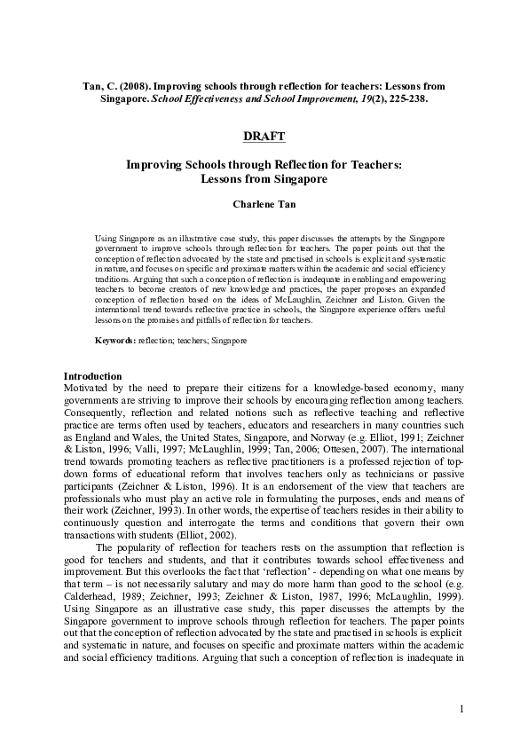 Pdf Improving Schools Through Reflection For Teachers Lessons From