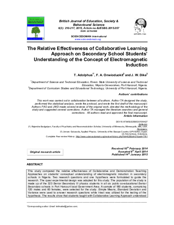 (PDF) The Relative Effectiveness of Collaborative Learning Approach on ...