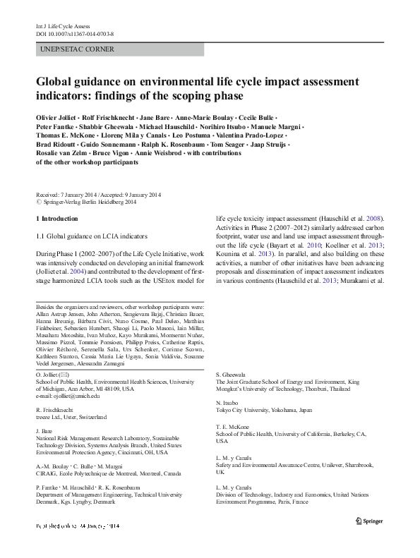 (PDF) Global guidance on environmental life cycle impact assessment ...