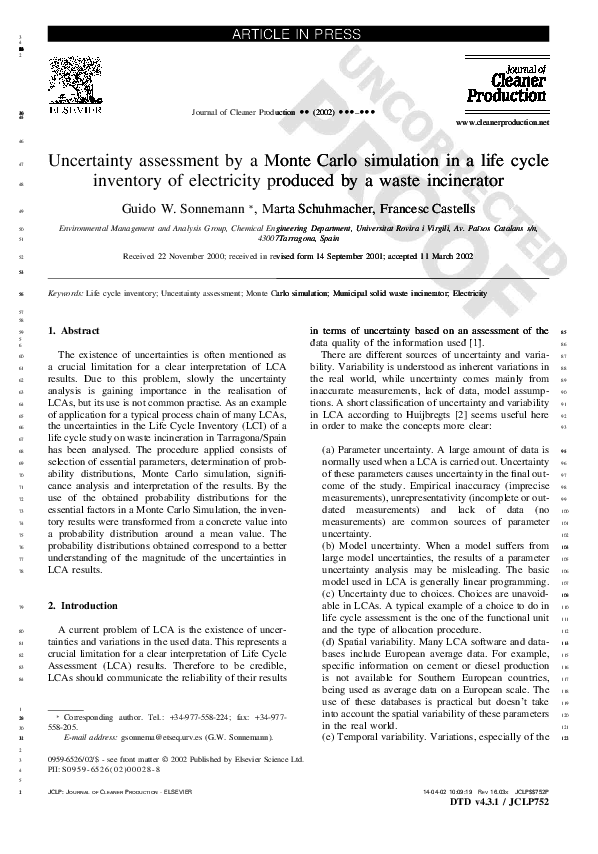 (PDF) Uncertainty assessment by a Monte Carlo simulation in a life ...