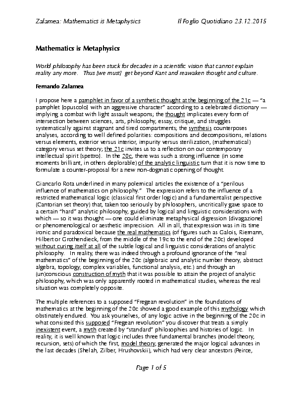 (PDF) Mathematics is Metaphysics, Fernando Zalamea