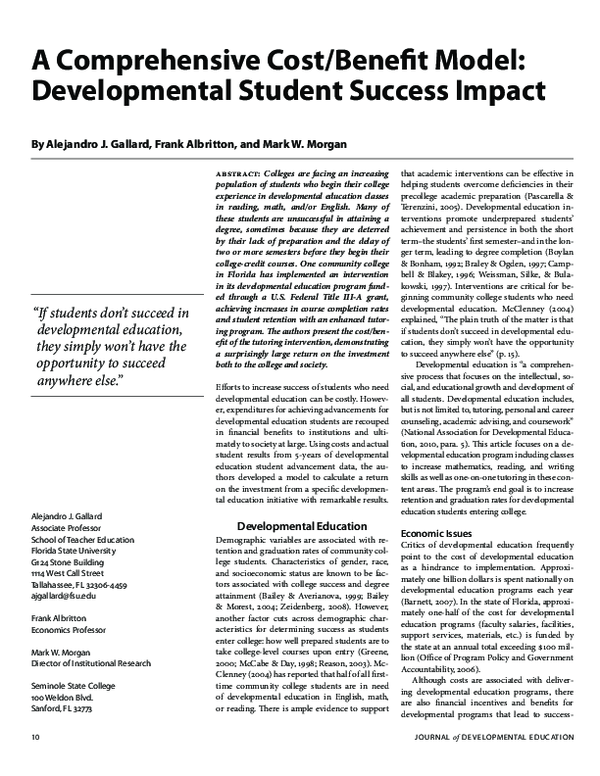 (PDF) A Comprehensive Cost/Benefit Model: Developmental Student Success ...