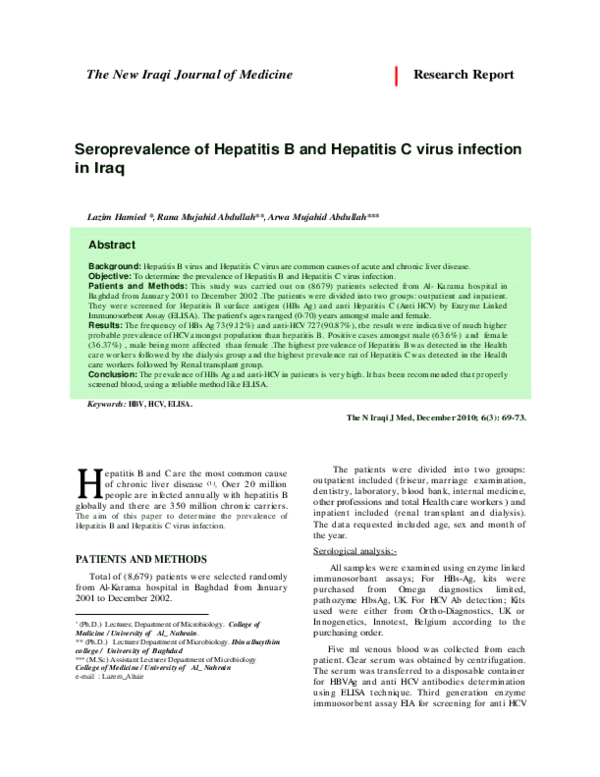 (PDF) Seroprevalence of Hepatitis B and Hepatitis C virus infection in Iraq