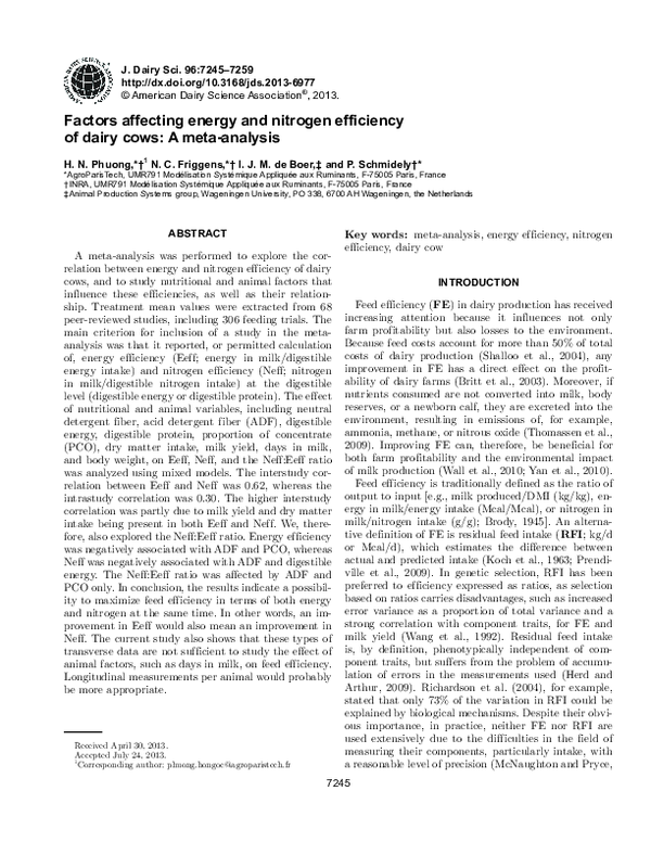 (PDF) Factors affecting energy and nitrogen efficiency of dairy cows: A ...