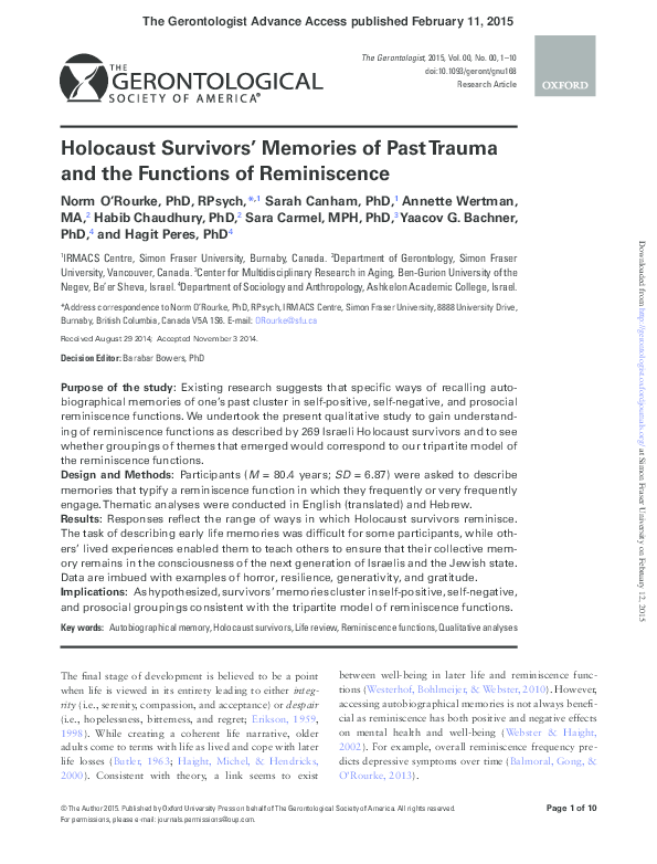 (PDF) Holocaust Survivors' Memories of Past Trauma and the Functions of ...