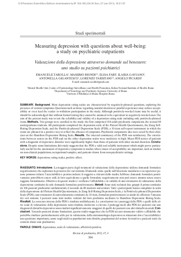(PDF) Measuring depression with questions about well-being: a study on ...