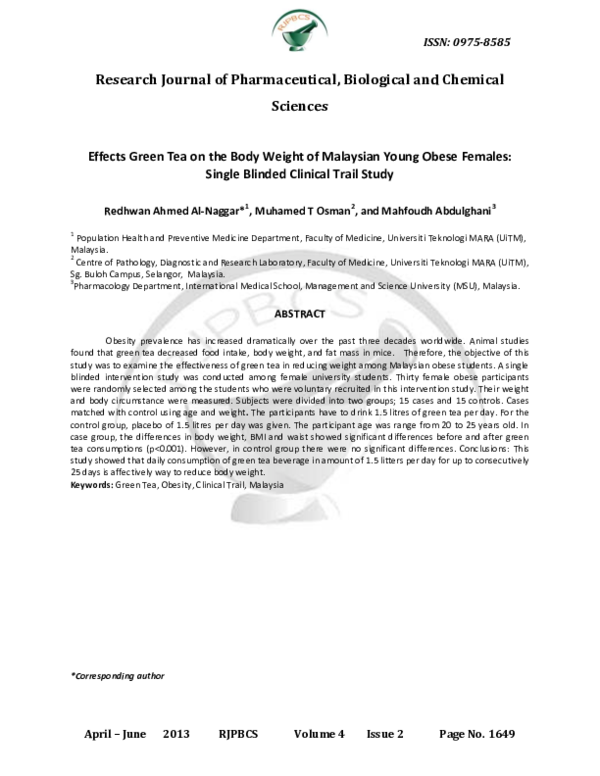 (PDF) Effects Green Tea on the Body Weight of Malaysian Young Obese ...