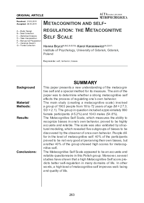 (PDF) Metacognition and self-regulation: the Metacognitive Self Scale ...