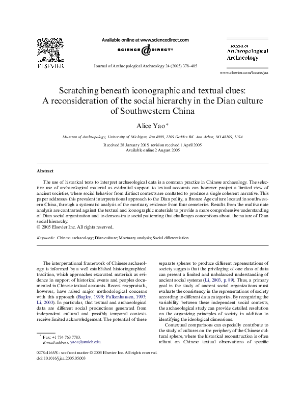 Scratching beneath iconographic and textual clues: A reconsideration of the social hierarchy in the Dian culture of Southwestern China