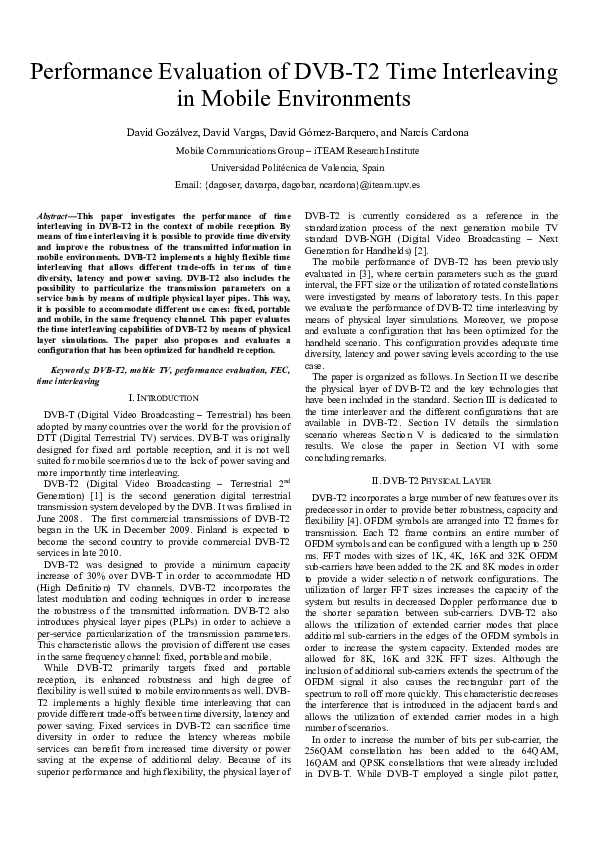 (PDF) Performance Evaluation of DVB-T2 Time Interleaving in Mobile ...