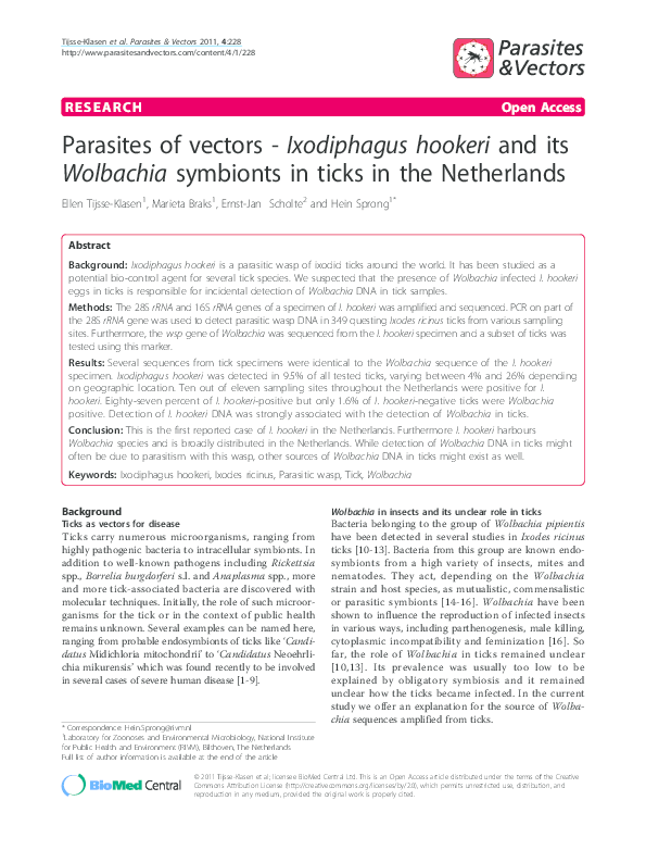 (PDF) Parasites of vectors Ixodiphagus hookeri and its Wolbachia